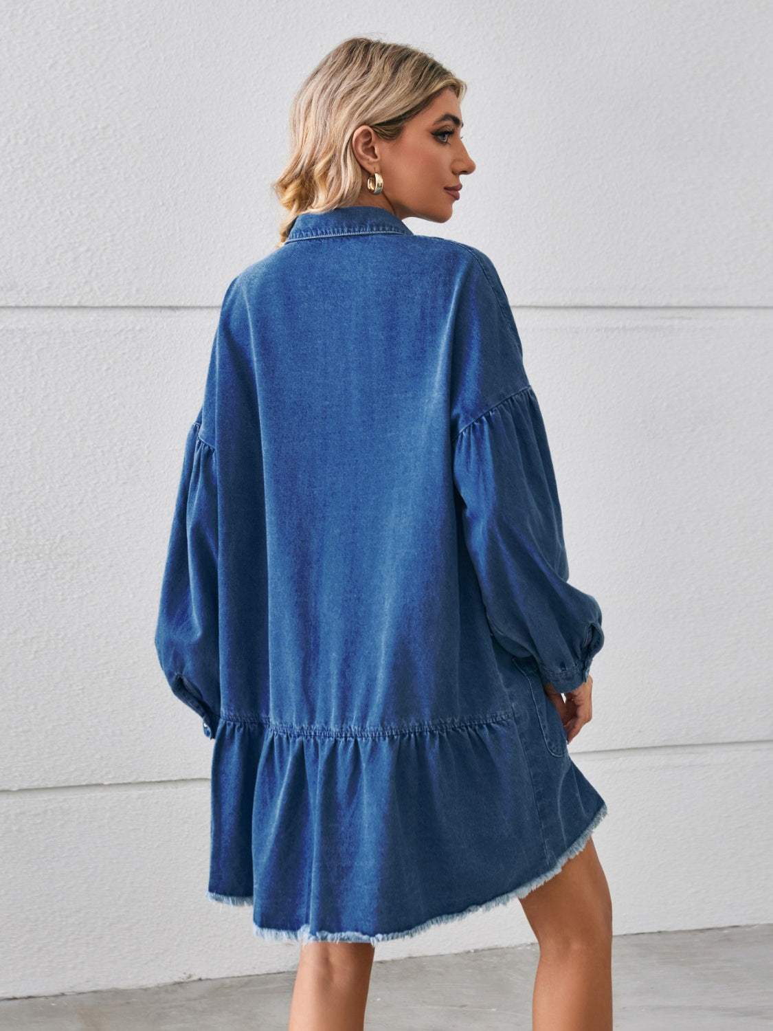 Button Up Pocketed Raw Hem Denim Dress Casual Dresses - Tophatter Daily Deals