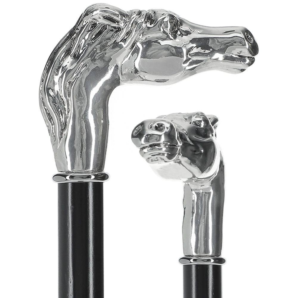 Silver 925r Horse Walking Cane with Black Beechwood Shaft and Collar Alpaca Silver Walking Sticks - Tophatter Daily Deals