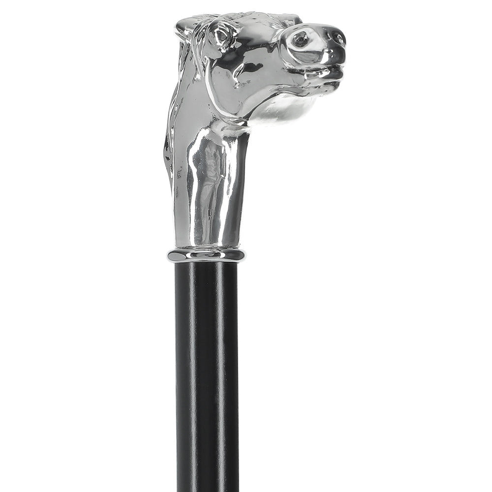 Silver 925r Horse Walking Cane with Black Beechwood Shaft and Collar Alpaca Silver Walking Sticks - Tophatter Daily Deals