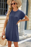 Heathered Round Neck Short Sleeve Dress Navy Casual Dresses - Tophatter Daily Deals