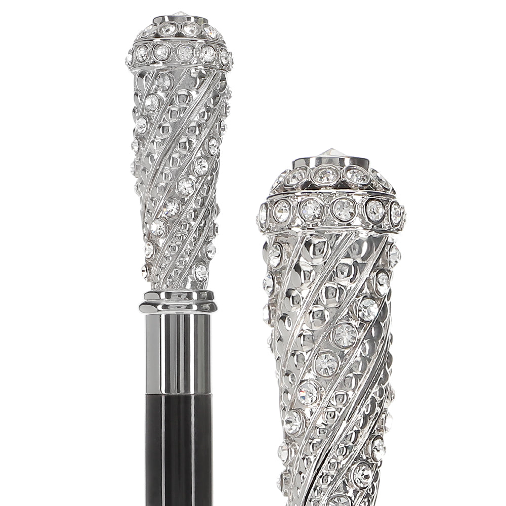 Silver 925r Swarovski Crystal Encrusted Elongated Knob Walking Stick with Black Beechwood Shaft Alpaca Silver Walking Sticks - Tophatter Daily Deals
