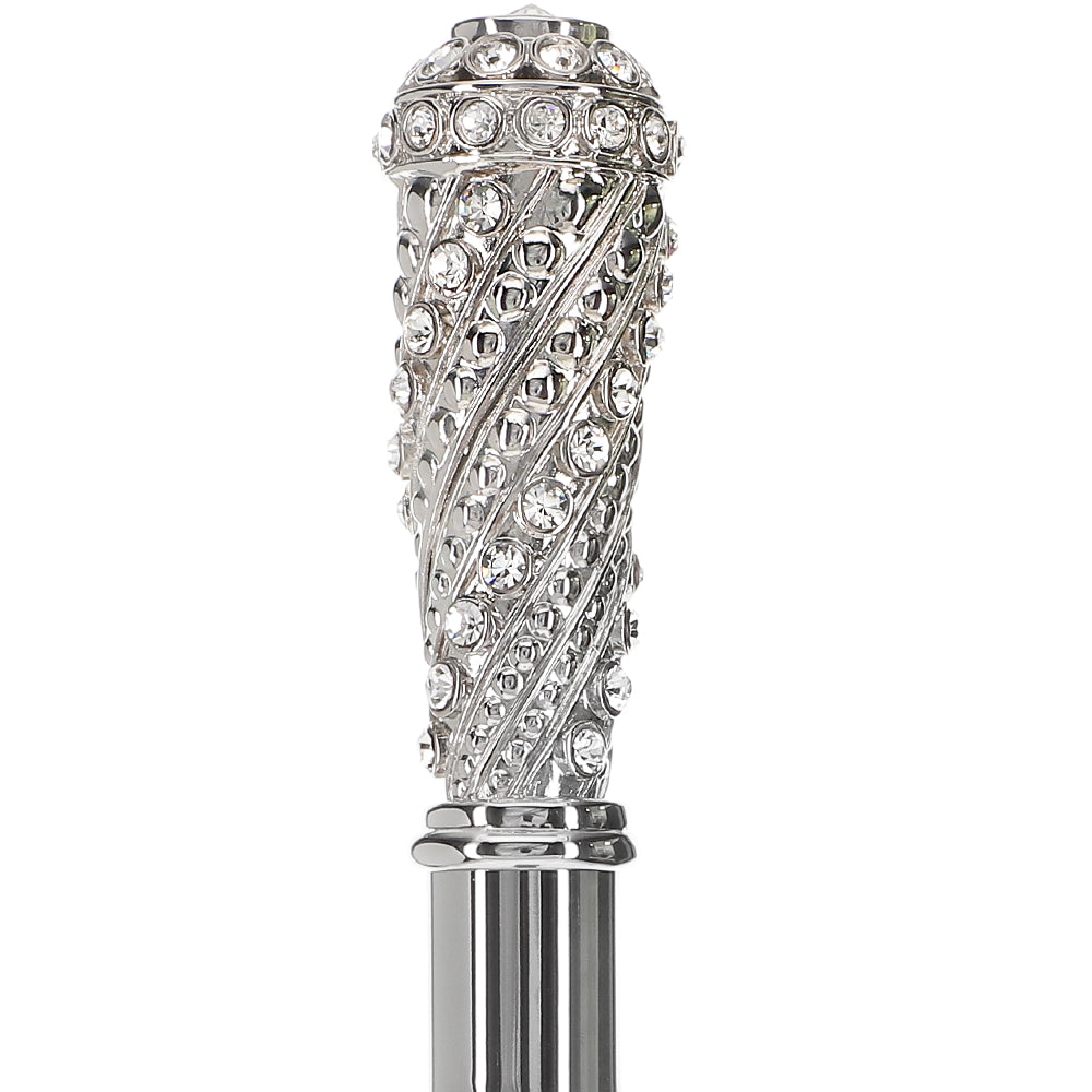 Silver 925r Swarovski Crystal Encrusted Elongated Knob Walking Stick with Black Beechwood Shaft Alpaca Silver Walking Sticks - Tophatter Daily Deals