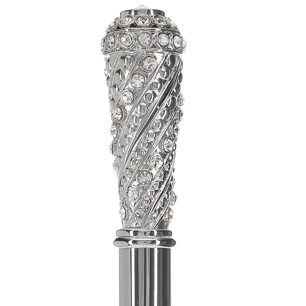 Silver 925r Swarovski Crystal Encrusted Elongated Knob Walking Stick with Black Beechwood Shaft Alpaca Silver Walking Sticks - Tophatter Daily Deals