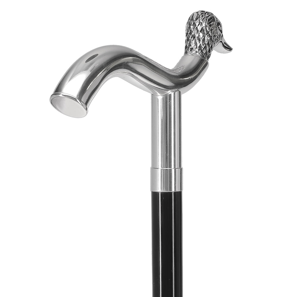 Scratch and Dent Silver 925r Duck Head Fritz Handle Walking Cane with Black Beechwood Shaft and Collar V2128 Bird Walking Canes - Tophatter Daily Deals
