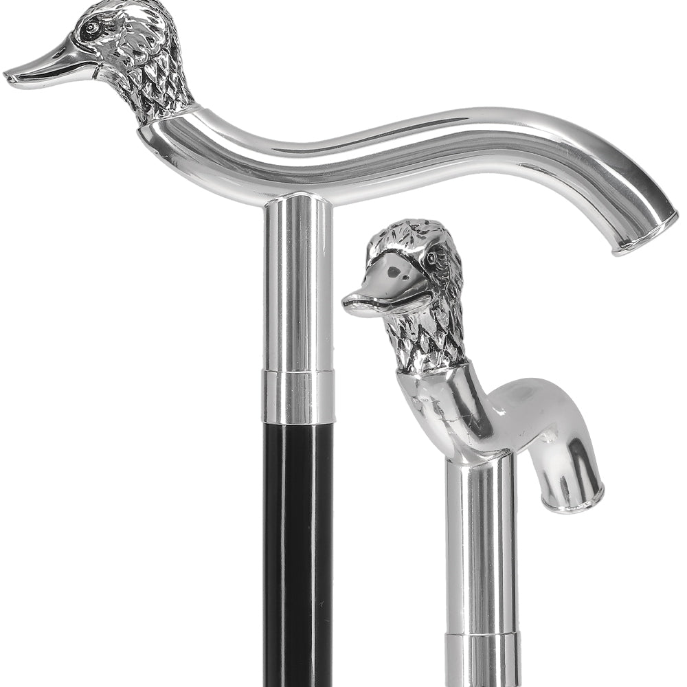 Scratch and Dent Silver 925r Duck Head Fritz Handle Walking Cane with Black Beechwood Shaft and Collar V2128 Bird Walking Canes - Tophatter Daily Deals