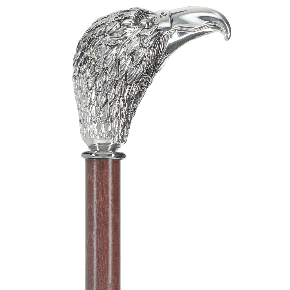 Silver 925r Hawk Head Walking Cane with Stained Beechwood Shaft and Collar Bird Walking Canes - Tophatter Daily Deals
