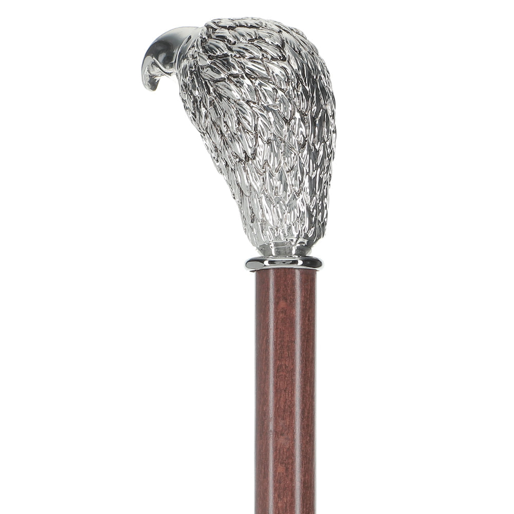 Silver 925r Hawk Head Walking Cane with Stained Beechwood Shaft and Collar Bird Walking Canes - Tophatter Daily Deals