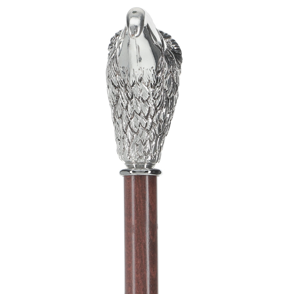 Silver 925r Hawk Head Walking Cane with Stained Beechwood Shaft and Collar Bird Walking Canes - Tophatter Daily Deals