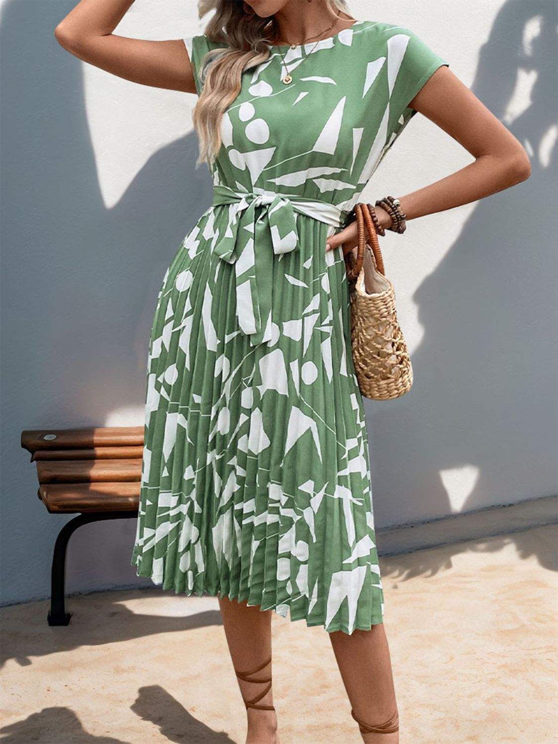 Tied Pleated Printed Cap Sleeve Dress Casual Dresses - Tophatter Daily Deals