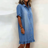 Women's Faux Denim Ruffle-Sleeve Shirt Dress Women's Dresses - Tophatter Daily Deals