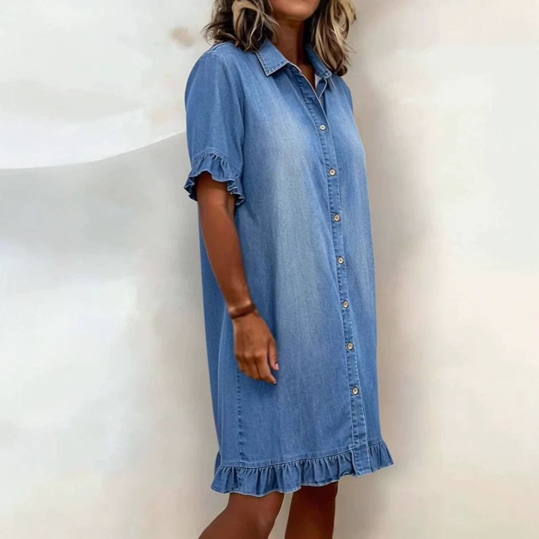 Women's Faux Denim Ruffle-Sleeve Shirt Dress Women's Dresses - Tophatter Daily Deals