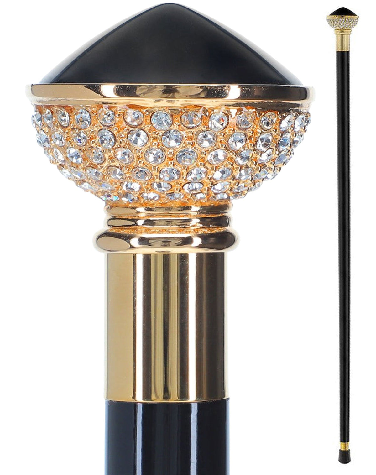 Black and Swarovski Crystal Encrusted Half Knob Walking Stick with Black Beechwood Shaft and Collar Rhinestones Walking Cane - Tophatter Daily Deals