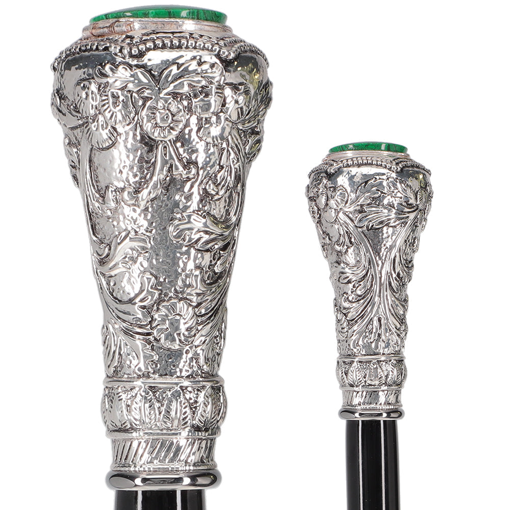 Silver 925r Knob Handle Walking Cane w/ Black Beechwood Shaft and Green Stone Pillbox Alpaca Silver Walking Sticks - Tophatter Daily Deals
