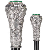 Silver 925r Knob Handle Walking Cane w/ Black Beechwood Shaft and Green Stone Pillbox Alpaca Silver Walking Sticks - Tophatter Daily Deals