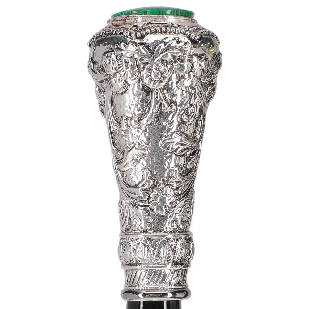 Silver 925r Knob Handle Walking Cane w/ Black Beechwood Shaft and Green Stone Pillbox Alpaca Silver Walking Sticks - Tophatter Daily Deals