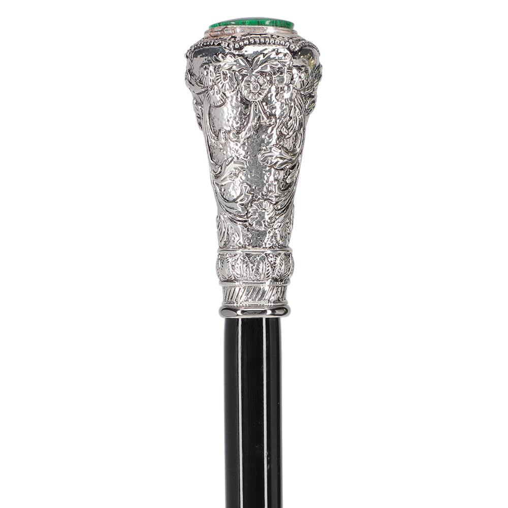 Silver 925r Knob Handle Walking Cane w/ Black Beechwood Shaft and Green Stone Pillbox Alpaca Silver Walking Sticks - Tophatter Daily Deals