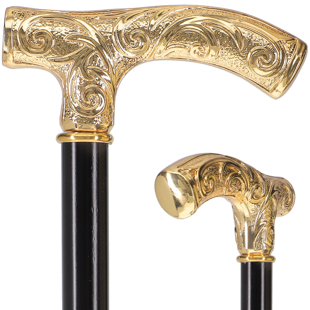 24K Gold Plated Embossed Fritz Handle Walking Cane with Black Beechwood Shaft and Collar Antique Vintage Walking Canes - Tophatter Daily Deals
