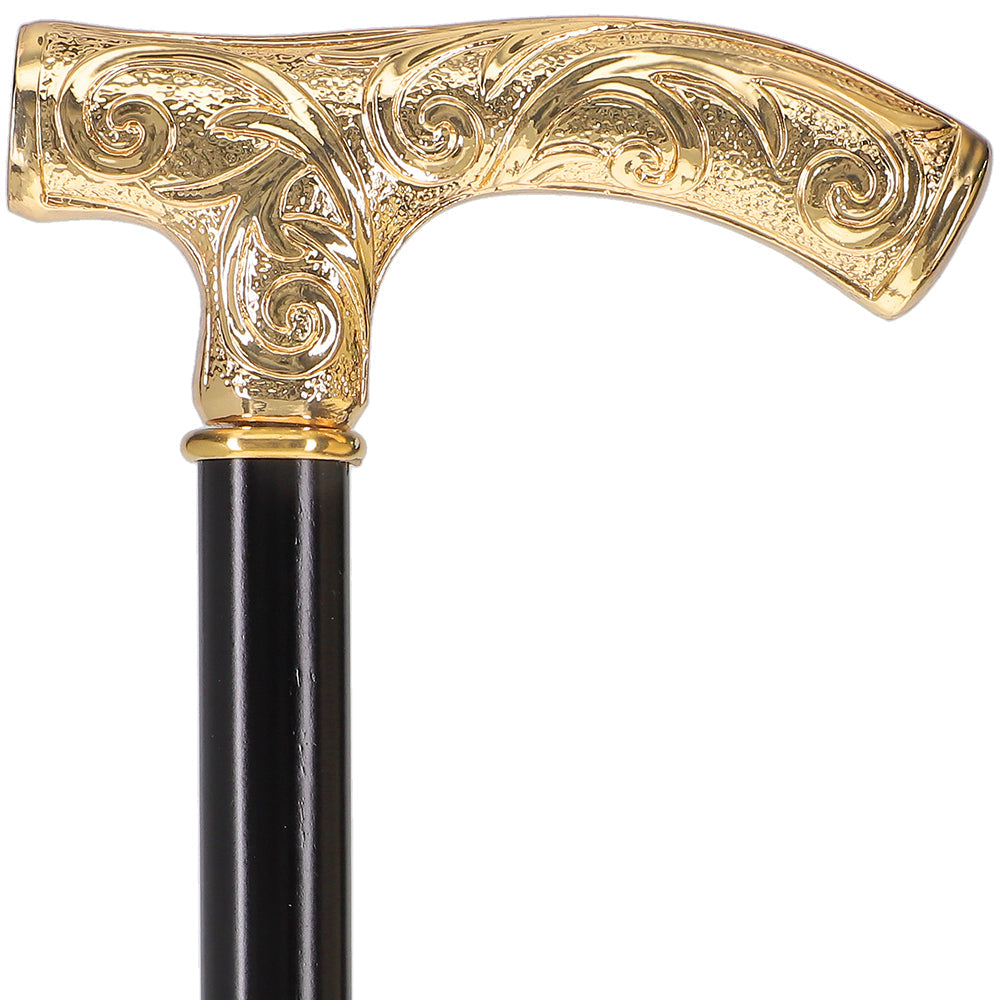 24K Gold Plated Embossed Fritz Handle Walking Cane with Black Beechwood Shaft and Collar Antique Vintage Walking Canes - Tophatter Daily Deals