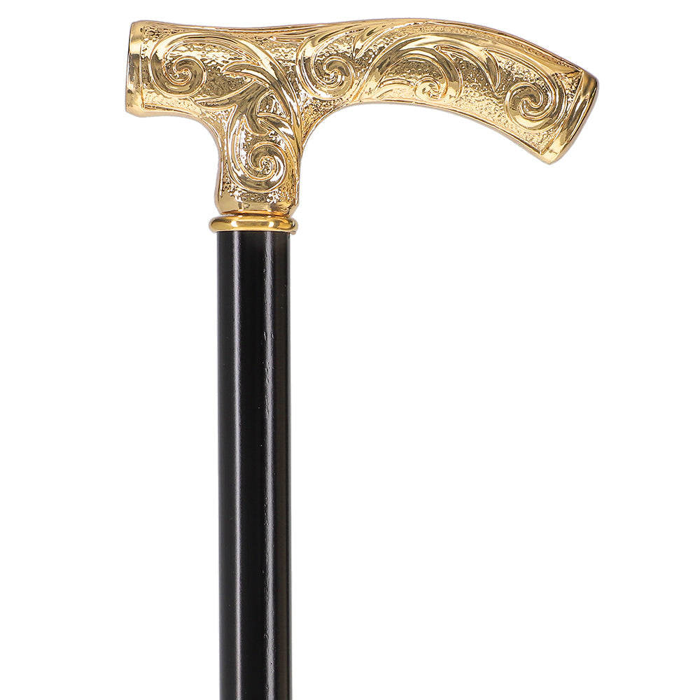 24K Gold Plated Embossed Fritz Handle Walking Cane with Black Beechwood Shaft and Collar Antique Vintage Walking Canes - Tophatter Daily Deals