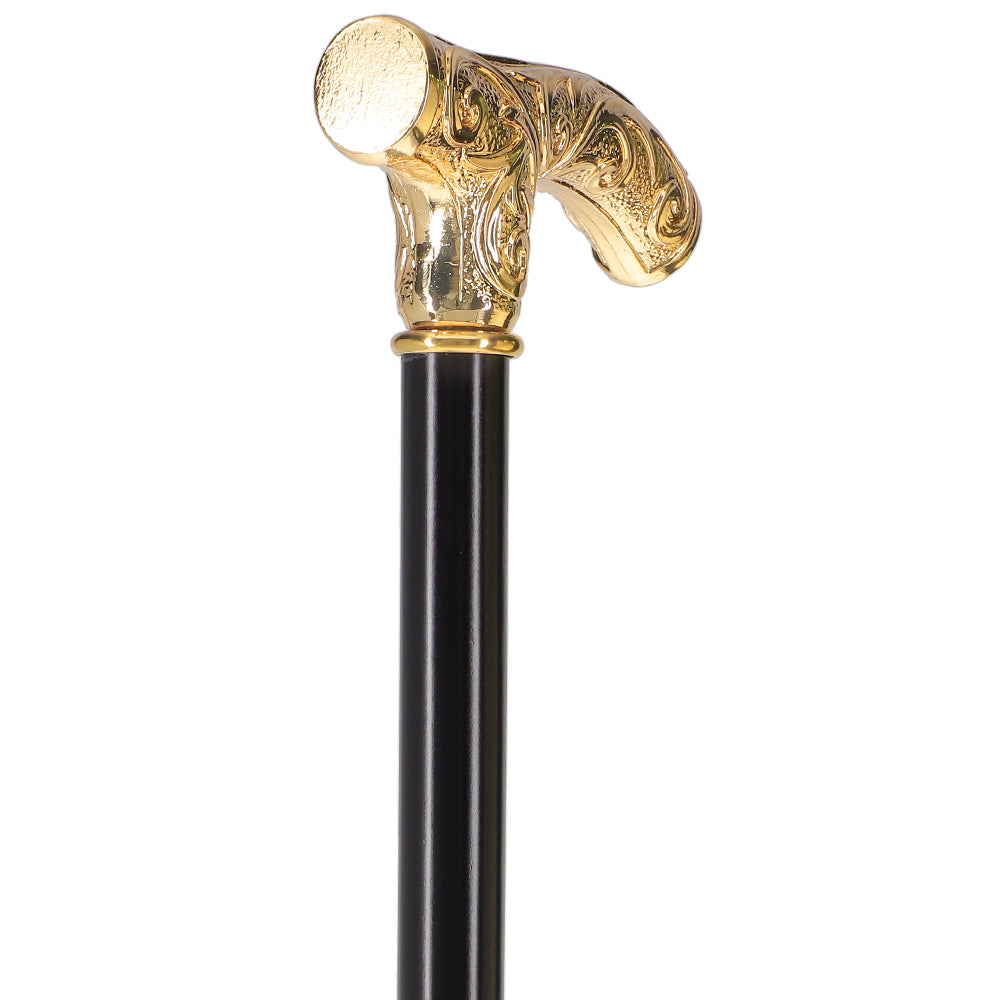 24K Gold Plated Embossed Fritz Handle Walking Cane with Black Beechwood Shaft and Collar Antique Vintage Walking Canes - Tophatter Daily Deals