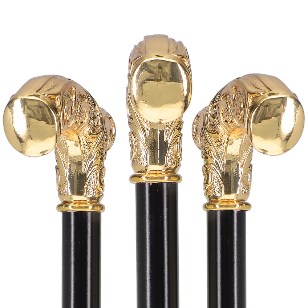 24K Gold Plated Embossed Fritz Handle Walking Cane with Black Beechwood Shaft and Collar Antique Vintage Walking Canes - Tophatter Daily Deals
