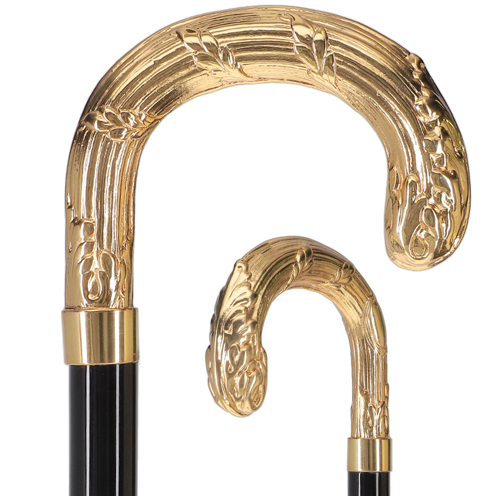 24K Gold Plated Ribbed Wheat Tourist Handle Walking Cane with Black Beechwood Shaft and Collar Antique Vintage Walking Canes - Tophatter Daily Deals