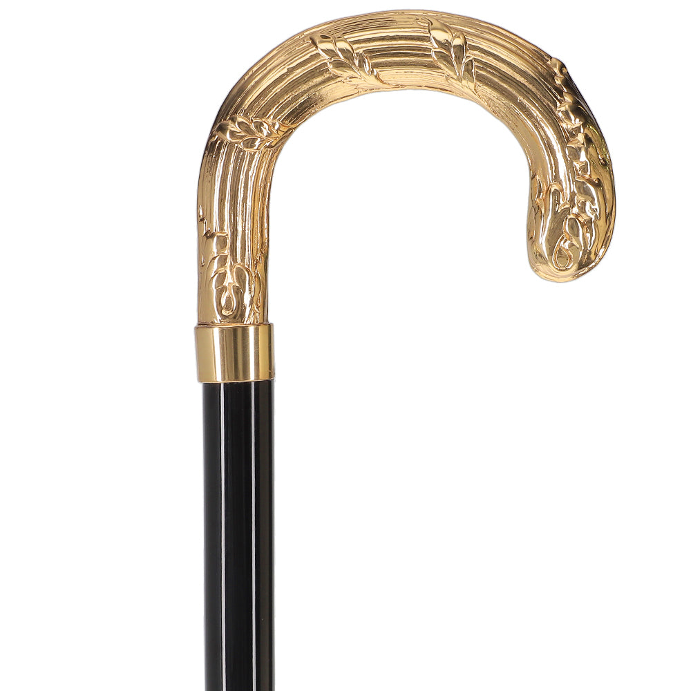 24K Gold Plated Ribbed Wheat Tourist Handle Walking Cane with Black Beechwood Shaft and Collar Antique Vintage Walking Canes - Tophatter Daily Deals