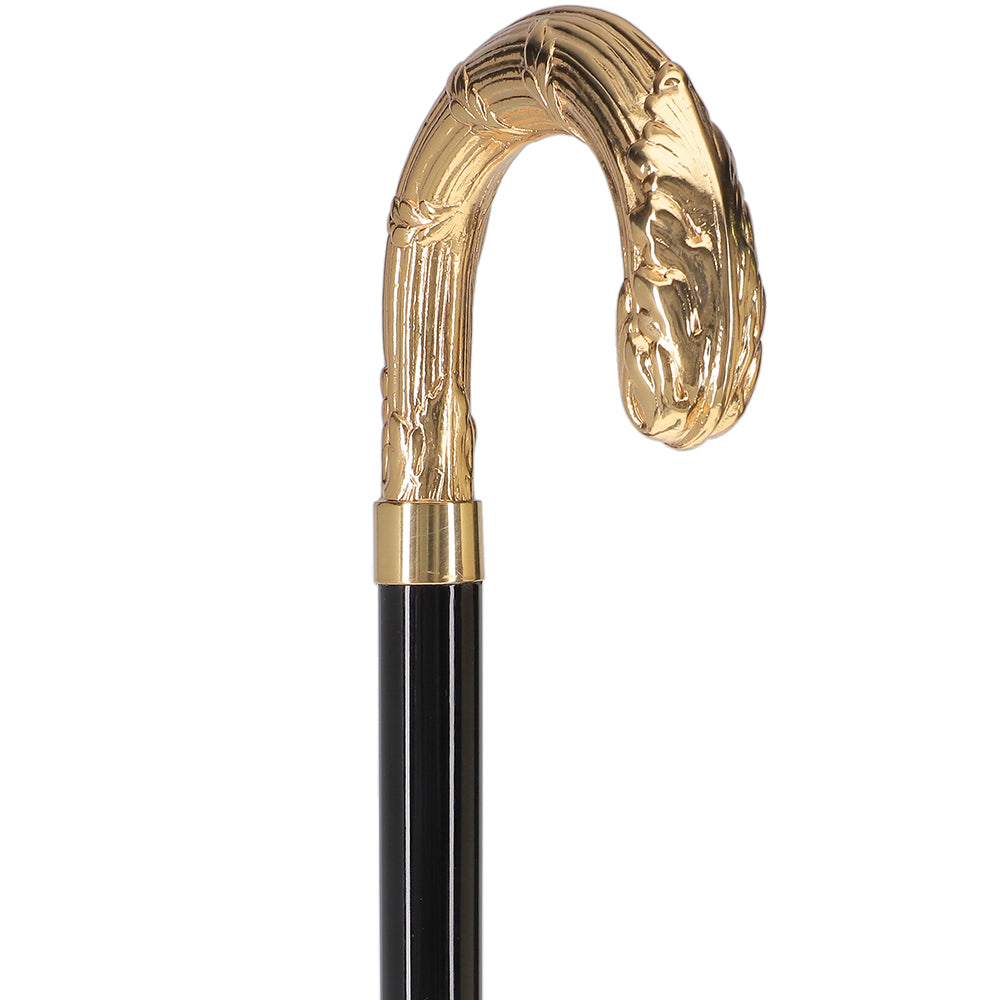 24K Gold Plated Ribbed Wheat Tourist Handle Walking Cane with Black Beechwood Shaft and Collar Antique Vintage Walking Canes - Tophatter Daily Deals