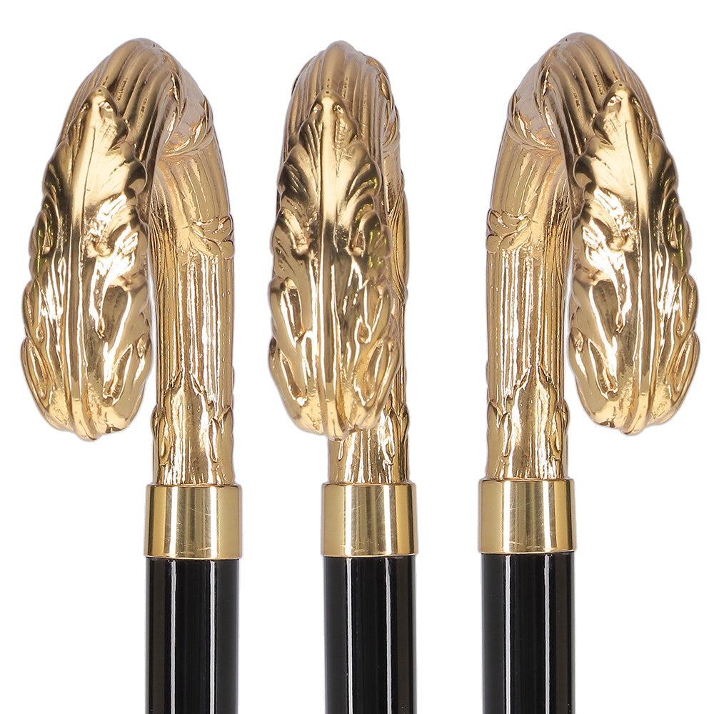 24K Gold Plated Ribbed Wheat Tourist Handle Walking Cane with Black Beechwood Shaft and Collar Antique Vintage Walking Canes - Tophatter Daily Deals