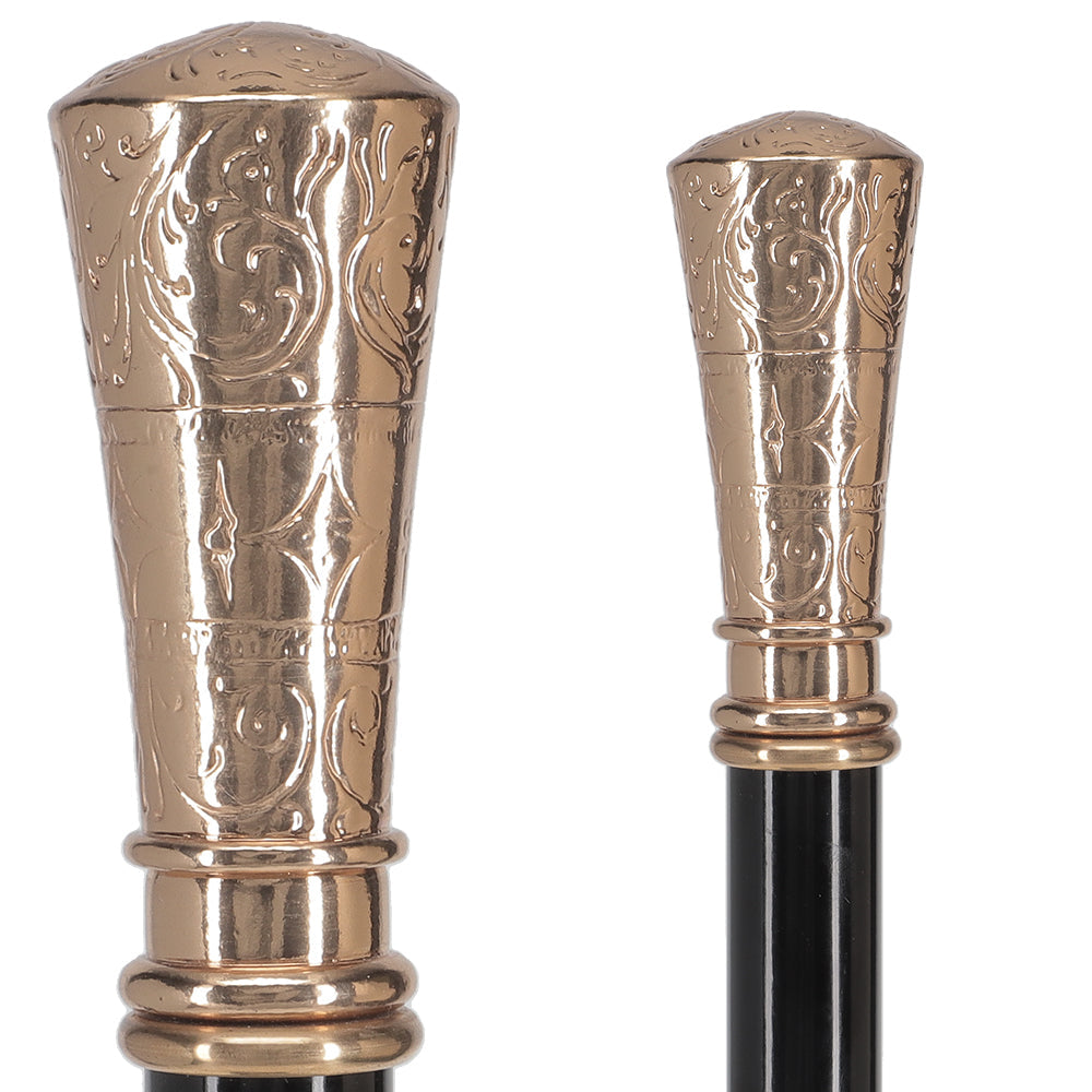 Gold Plated Petite Embossed Knob Handle Walking Cane w/ Black Beechwood Shaft & Collar Sterling Silver Canes - Tophatter Daily Deals