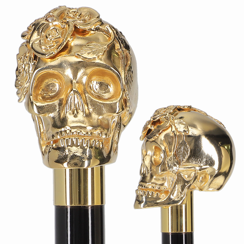 Italian Luxury: Skull with Roses Cane, 24K Gold Plated Alpaca Silver Walking Sticks - Tophatter Daily Deals