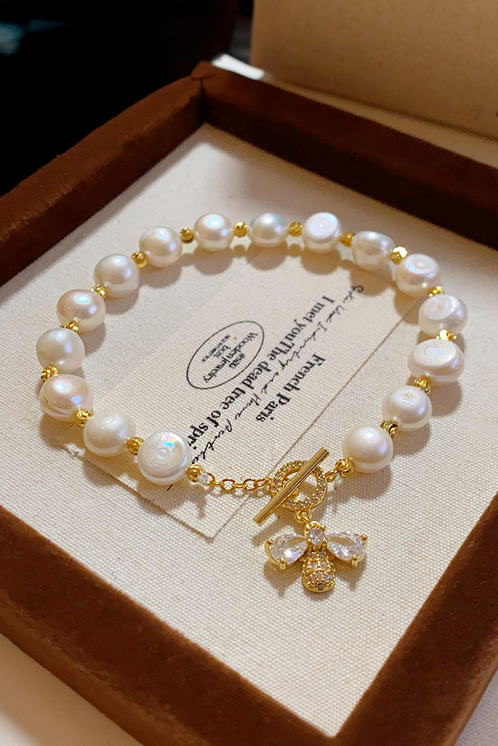 White Vintage Bee Rhinestone Baroque Pearl Bracelet White ONE SIZE Fresh water pearl Bracelets - Tophatter Daily Deals