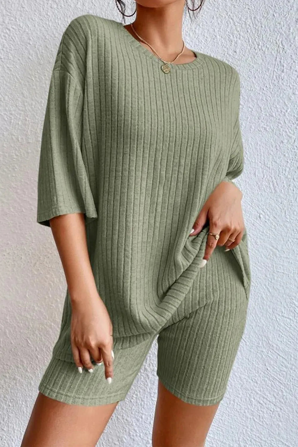 Round Neck Ribbed Top and Shorts Lounge Set Sage Loungewear Sets - Tophatter Daily Deals