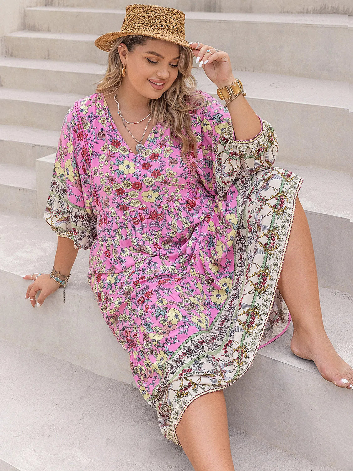 Plus Size Floral V-Neck Balloon Sleeve Midi Dress Casual Dresses - Tophatter Daily Deals