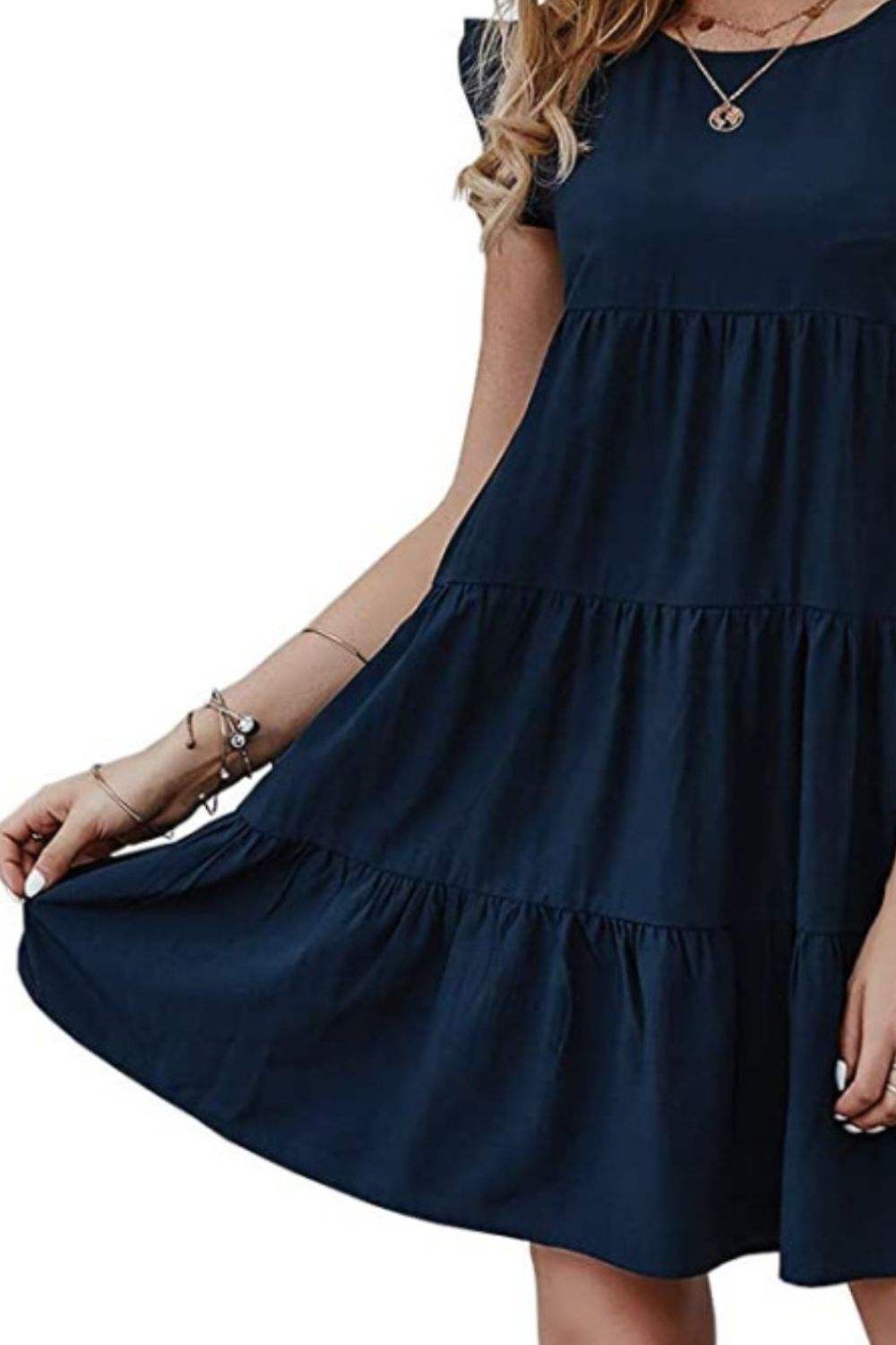 Ruffled Round Neck Cap Sleeve Mini Dress Casual Dresses - Tophatter Daily Deals