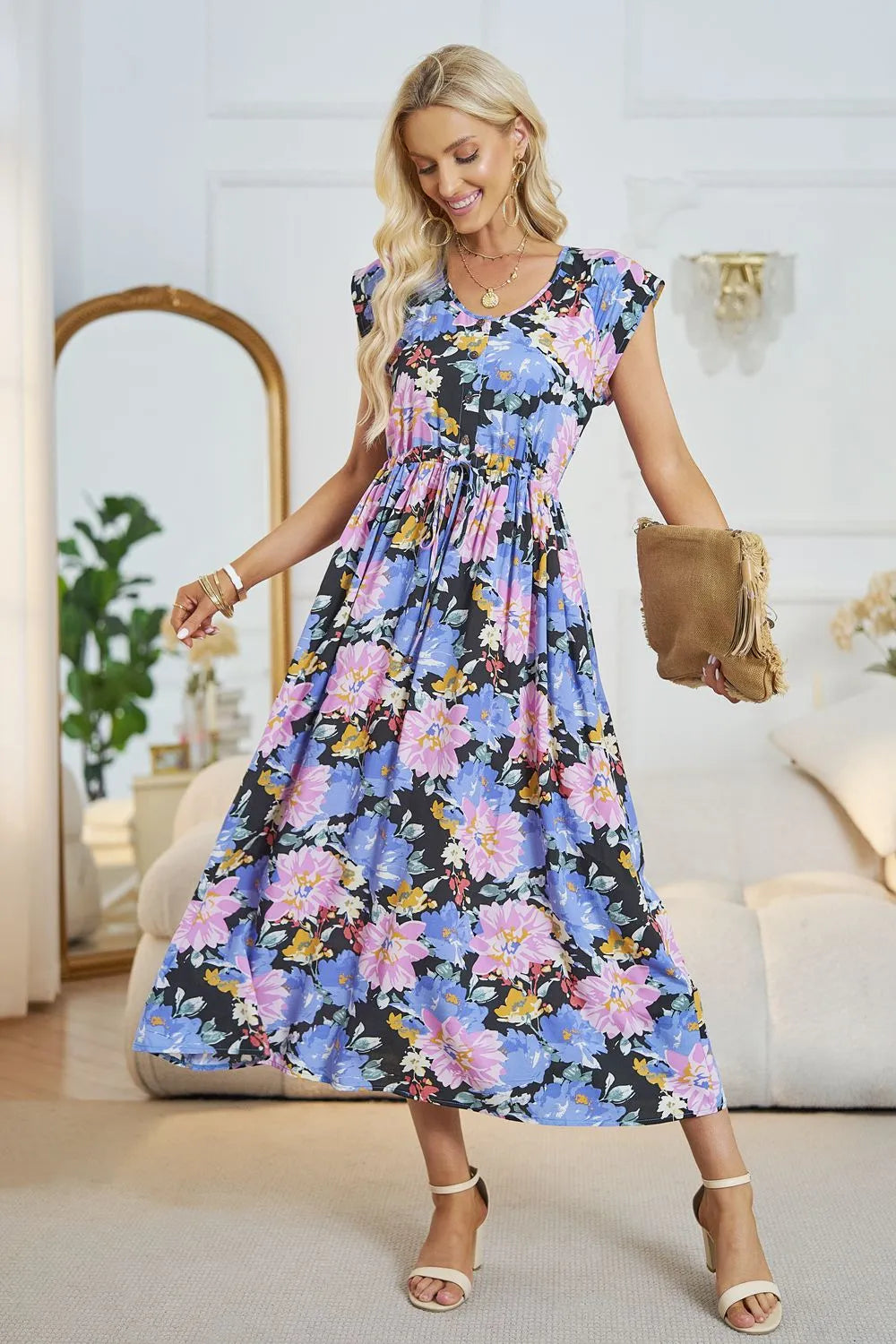 Floral V-Neck A-Line Midi Dress Casual Dresses - Tophatter Daily Deals