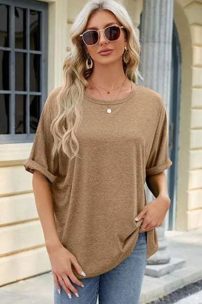 Round Neck Half Sleeve T-Shirt Tan Women's T-Shirts - Tophatter Daily Deals