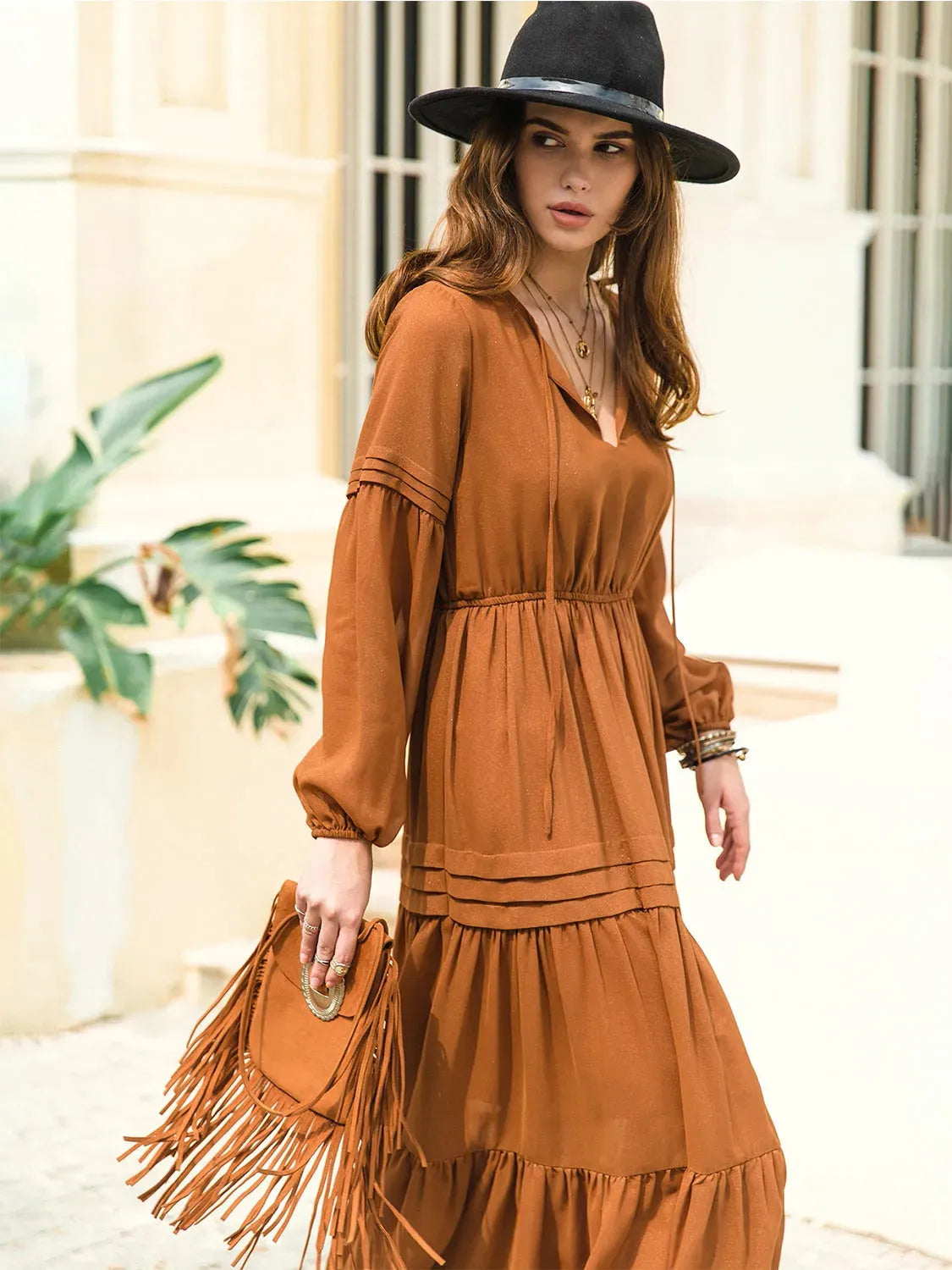 Tie Neck Long Sleeve Midi Tiered Dress Casual Dresses - Tophatter Daily Deals