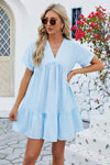 Ruched Tiered V-Neck Short Sleeve Mini Dress Pastel Blue Casual Dresses - Tophatter Daily Deals