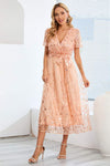 Sequin Leaf Embroidery Tie Front Short Sleeve Dress Sand Cocktail Dresses - Tophatter Daily Deals