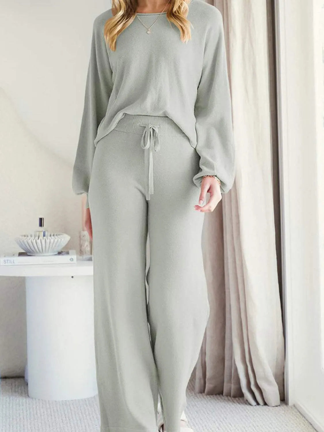 Long Sleeve Lounge Top and Drawstring Pants Set Loungewear Sets - Tophatter Daily Deals