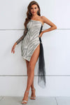 Zebra Print Rhinestone Slit Single Shoulder Dress Cocktail Dresses - Tophatter Daily Deals