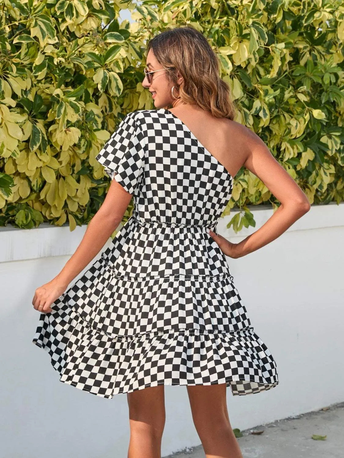 Checkered Single Shoulder Mini Dress Casual Dresses - Tophatter Daily Deals