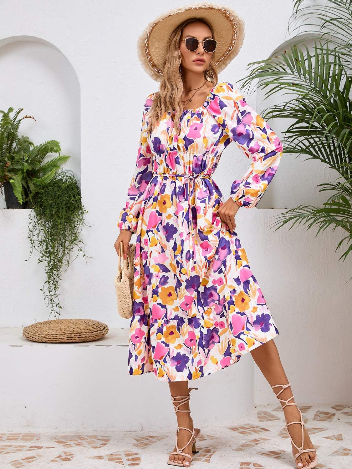 Printed Long Sleeve Midi Dress Casual Dresses - Tophatter Daily Deals