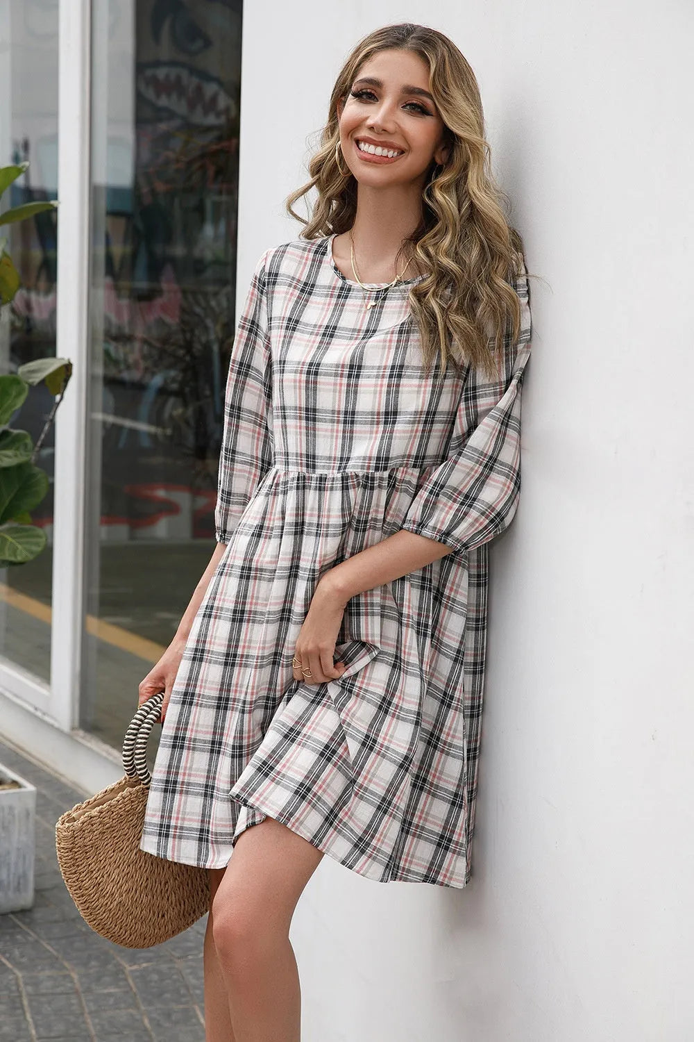 Ivy Lane Plaid Round Neck Mini Dress Casual Dresses - Tophatter Daily Deals