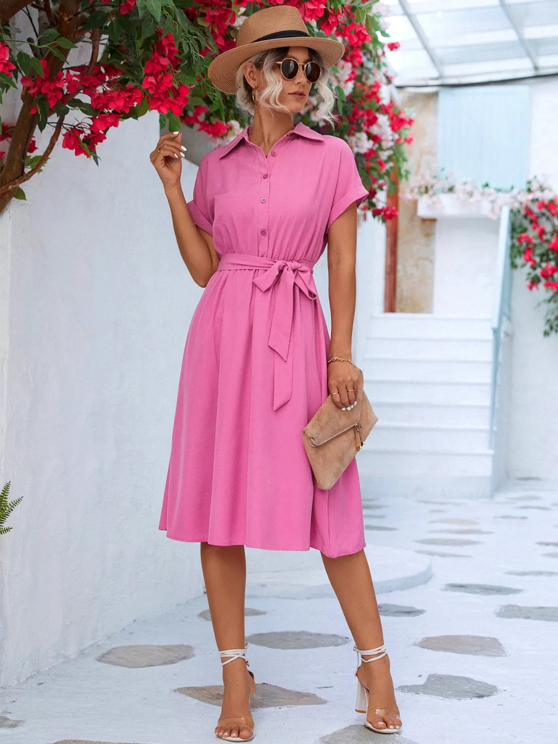 Buttoned Tie Waist Short Sleeve Dress Fuchsia Pink Casual Dresses - Tophatter Daily Deals