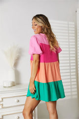 Double Take Color Block Buttoned Puff Sleeve Dress Casual Dresses - Tophatter Daily Deals
