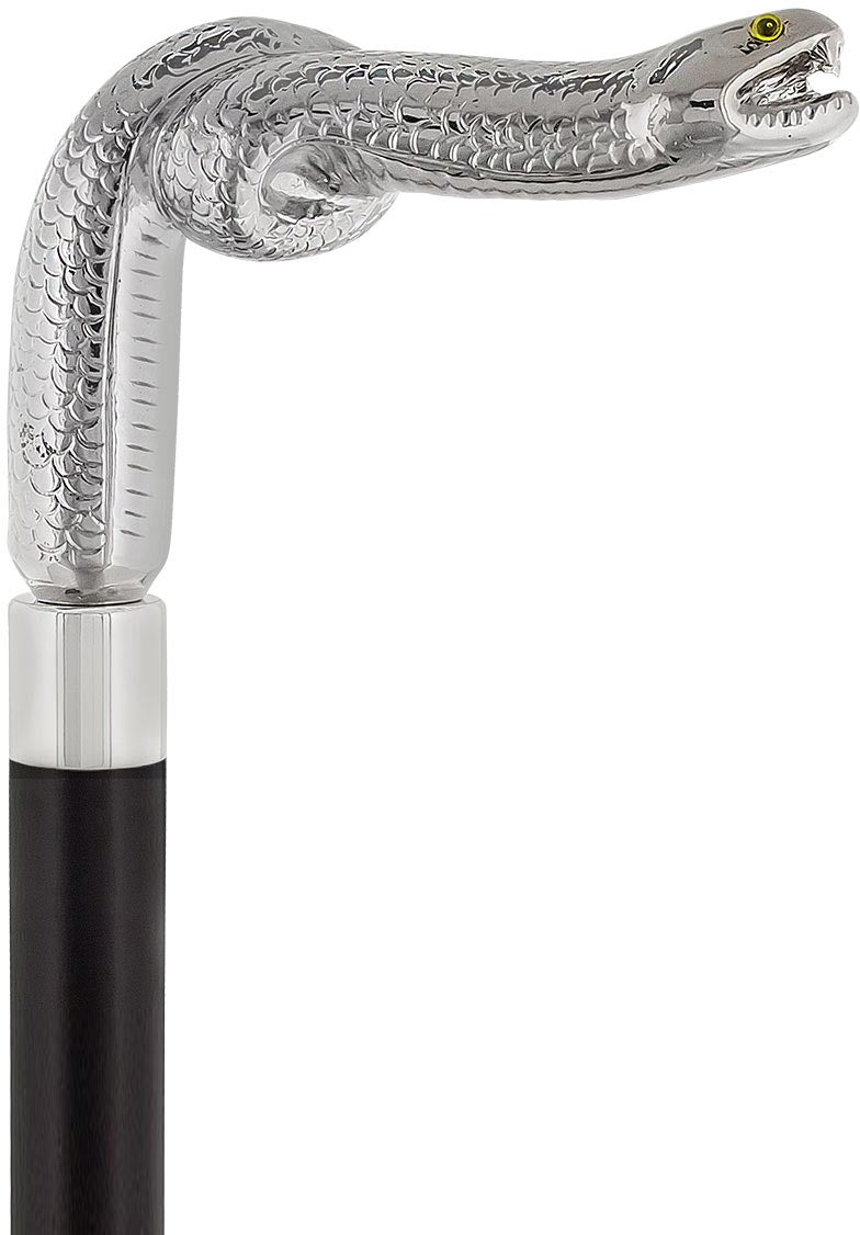 Cunningly Vicious Snake Nickel Plated Fritz Handle Cane w/ Custom Shaft & Collar Snake Walking Canes - Tophatter Daily Deals