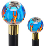Blue Flame with Skull Round Knob Cane w/ Custom Wood Shaft & Collar Billiard Walking Sticks - Tophatter Daily Deals