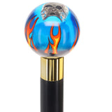 Blue Flame with Skull Round Knob Cane w/ Custom Wood Shaft & Collar Billiard Walking Sticks - Tophatter Daily Deals
